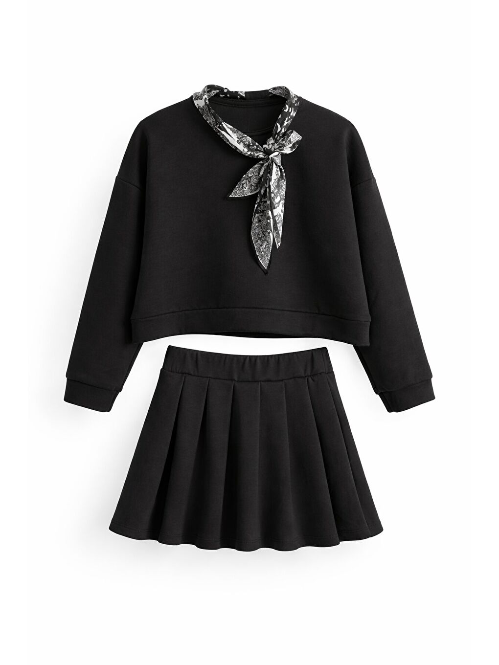 Siyah Fular Detaylı Badili Etekli Kız Çocuk 2li Takım 23532-1