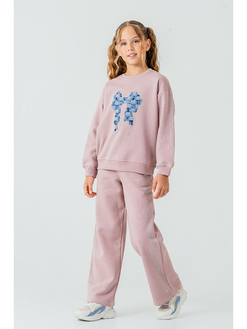 Pembe Kız Çocuk Fiyonk Nakışlı Taşlı 3 İplik Kalın Kışlık Eşofman Takımı Ak4222-1