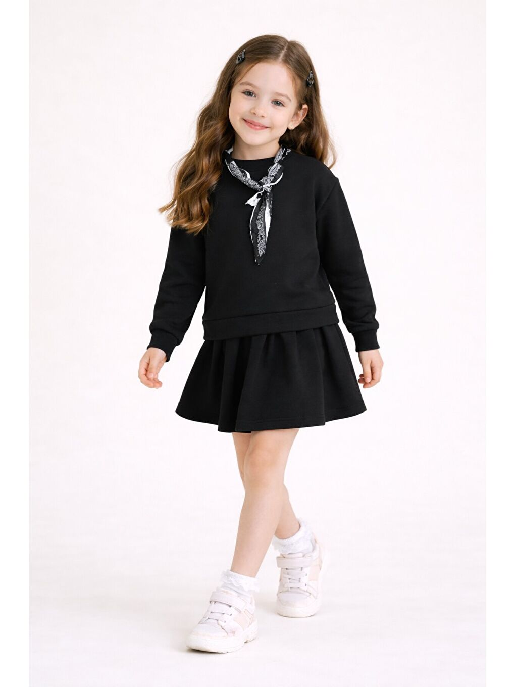 Siyah Fular Detaylı Badili Etekli Kız Çocuk 2li Takım 23532-2
