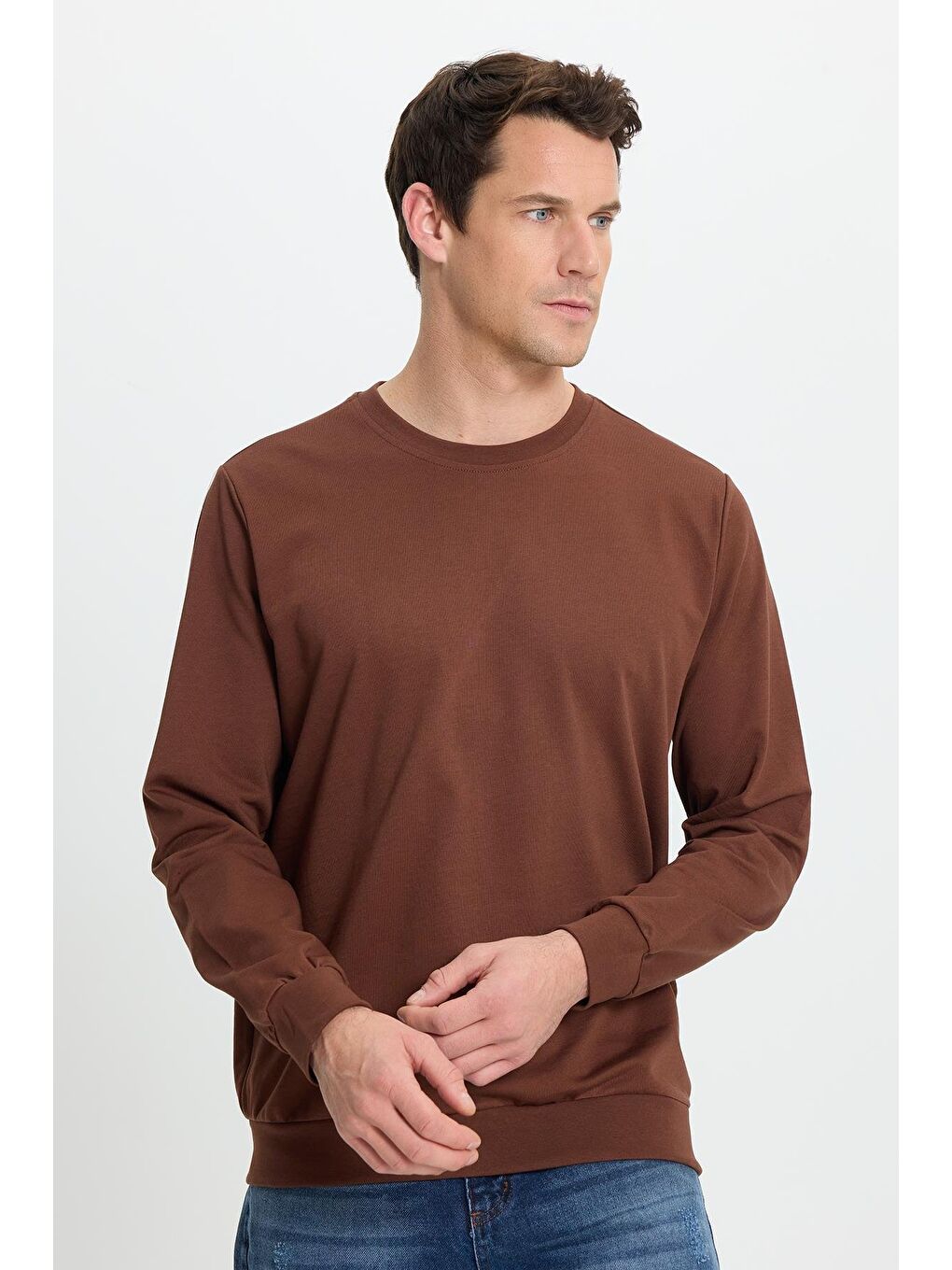 Erkek Relax Fit Rahat Kesim %100 Pamuk 2 İplik Bisiklet Yaka Kahverengi Sweatshirt-5