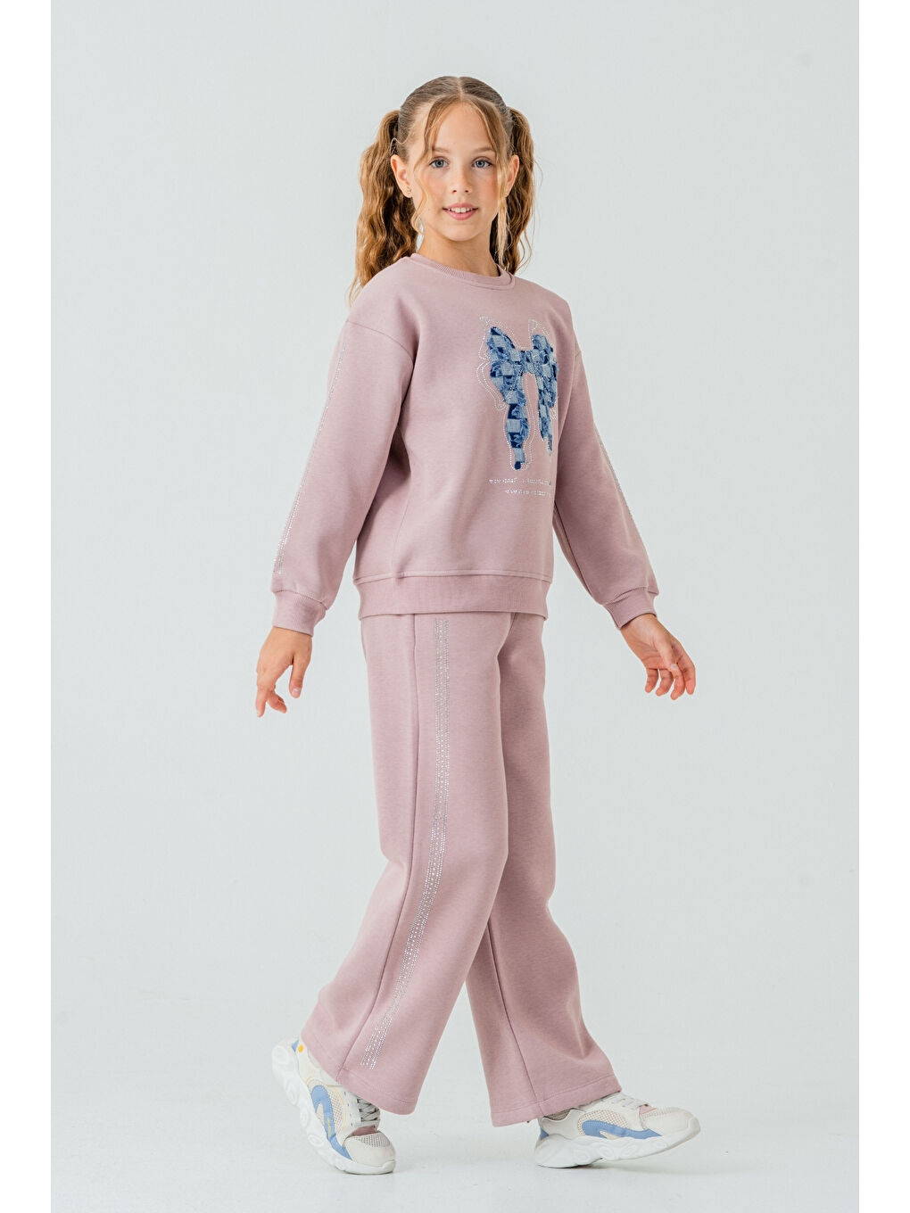 Pembe Kız Çocuk Fiyonk Nakışlı Taşlı 3 İplik Kalın Kışlık Eşofman Takımı Ak4222-2