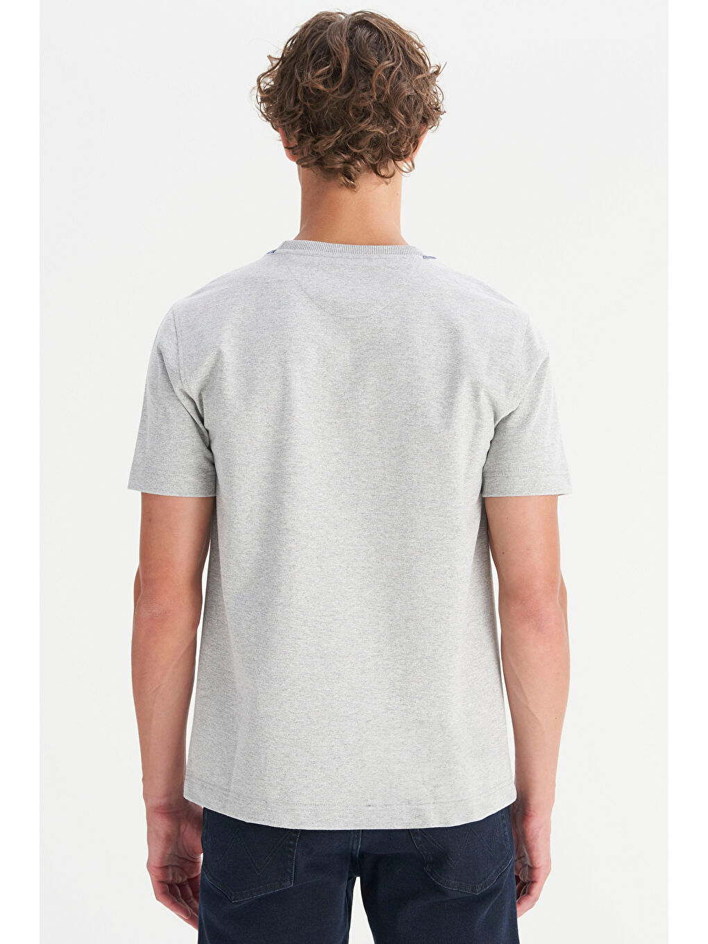 Gri %100 Pamuk Regular Fit Normal Kesim Bisiklet Yaka Logo Detaylı Tişört-4