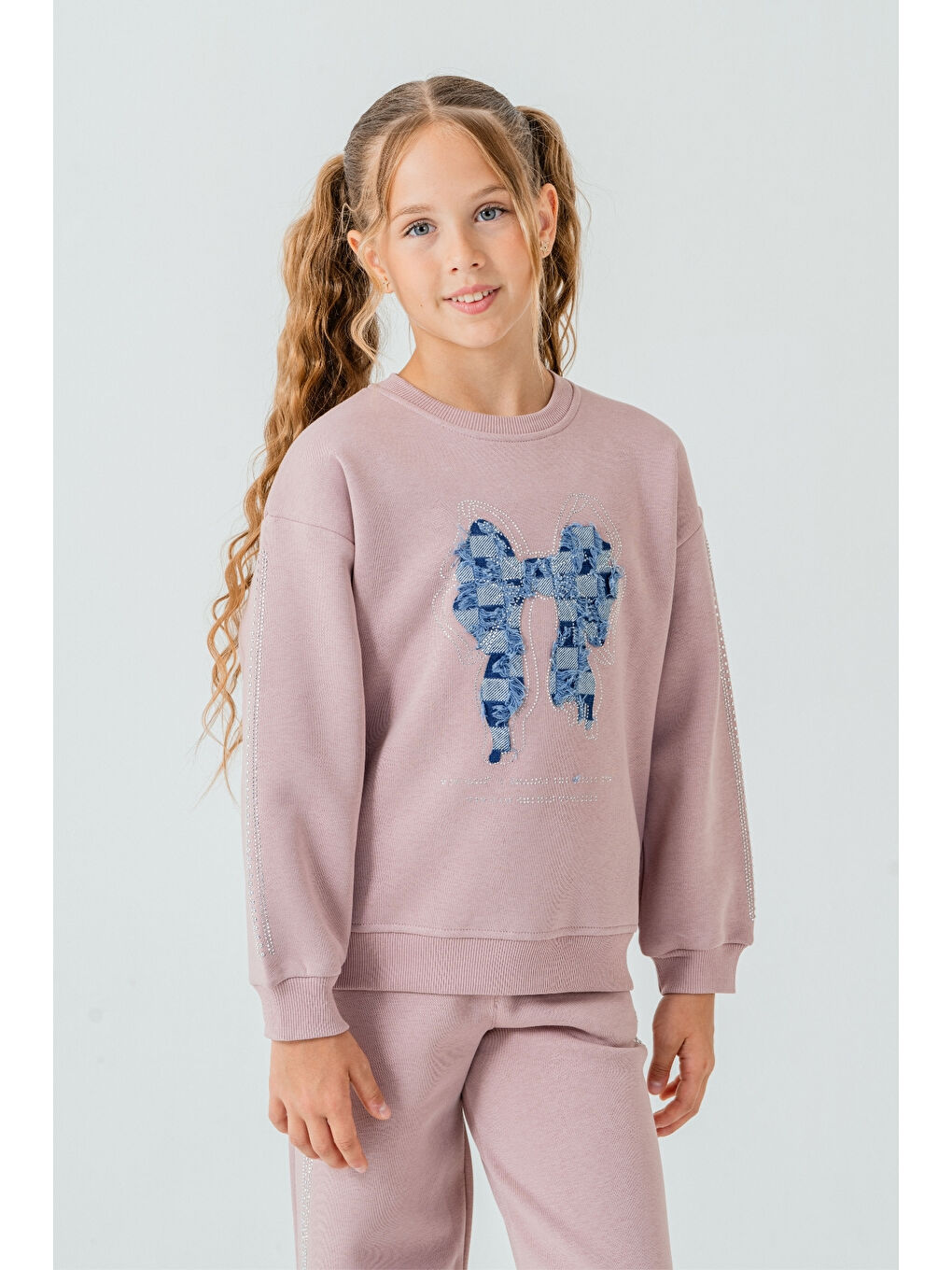 Pembe Kız Çocuk Fiyonk Nakışlı Taşlı 3 İplik Kalın Kışlık Eşofman Takımı Ak4222-3