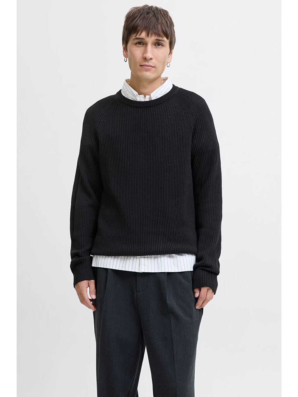 Siyah Jjpannel Pamuk Karışım Regular Fit Bisiklet Yaka Kazak 12278916