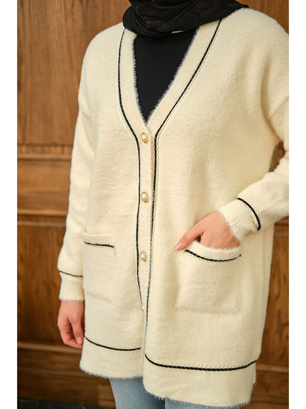 Kadın Sim Detay Hırka Bej-4