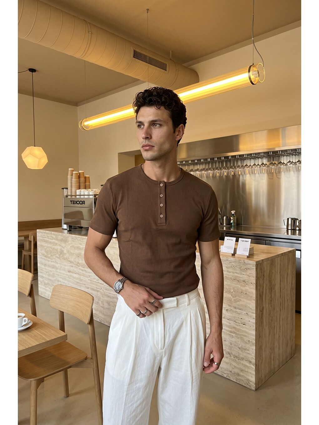 Bej Liiri %100 Pamuk Premium Fitilli Yarım Düğmeli Erkek Tişört Regular Fit Basic Yazlık Tişört-5