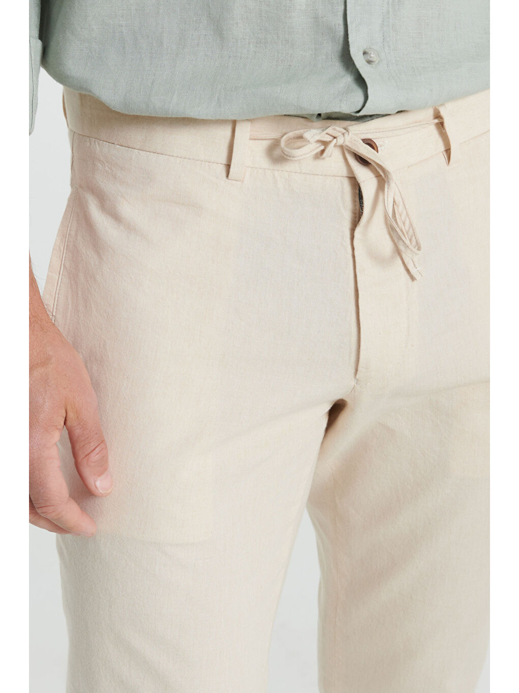 Erkek Ekru Slim Fit Dar Kesim %100 Pamuk Yan Cep Pileli Pantolon-3