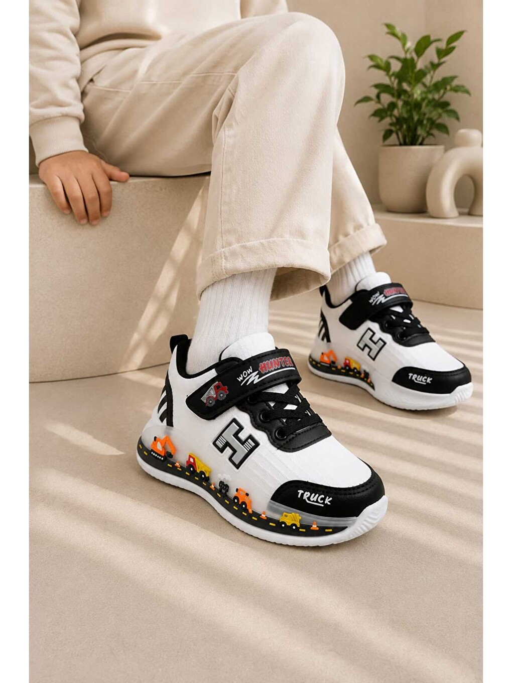Beyaz Çocuk, Günlük Spor Ayakkabı, Cırt Cırtlı, Sticker Baskılı, Hafif Kaymaz Taban Rahat Sneaker-1