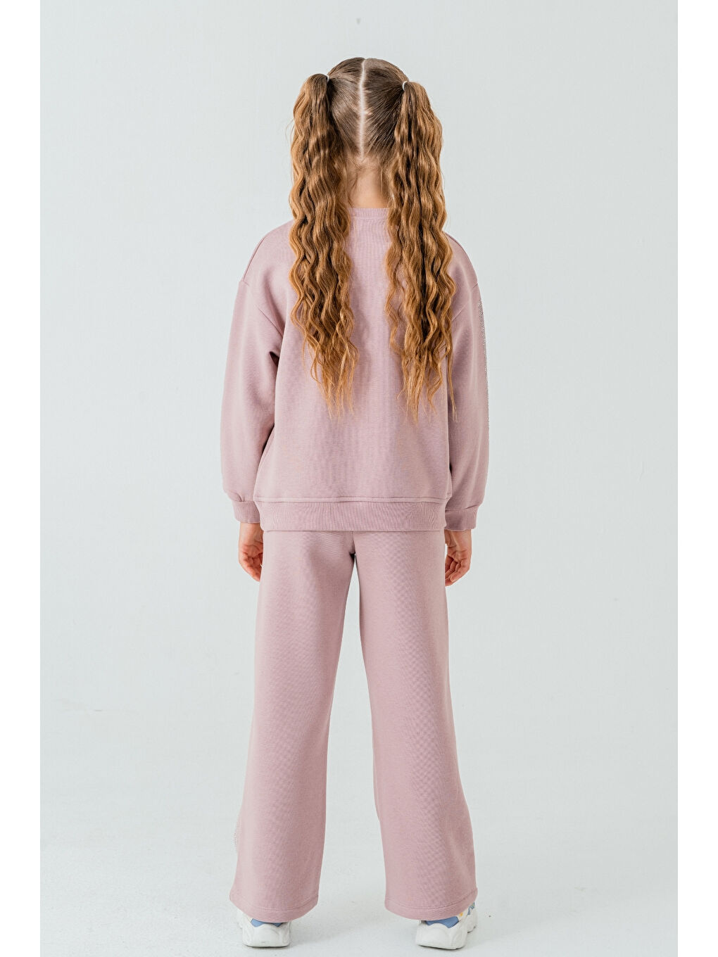 Pembe Kız Çocuk Fiyonk Nakışlı Taşlı 3 İplik Kalın Kışlık Eşofman Takımı Ak4222-4