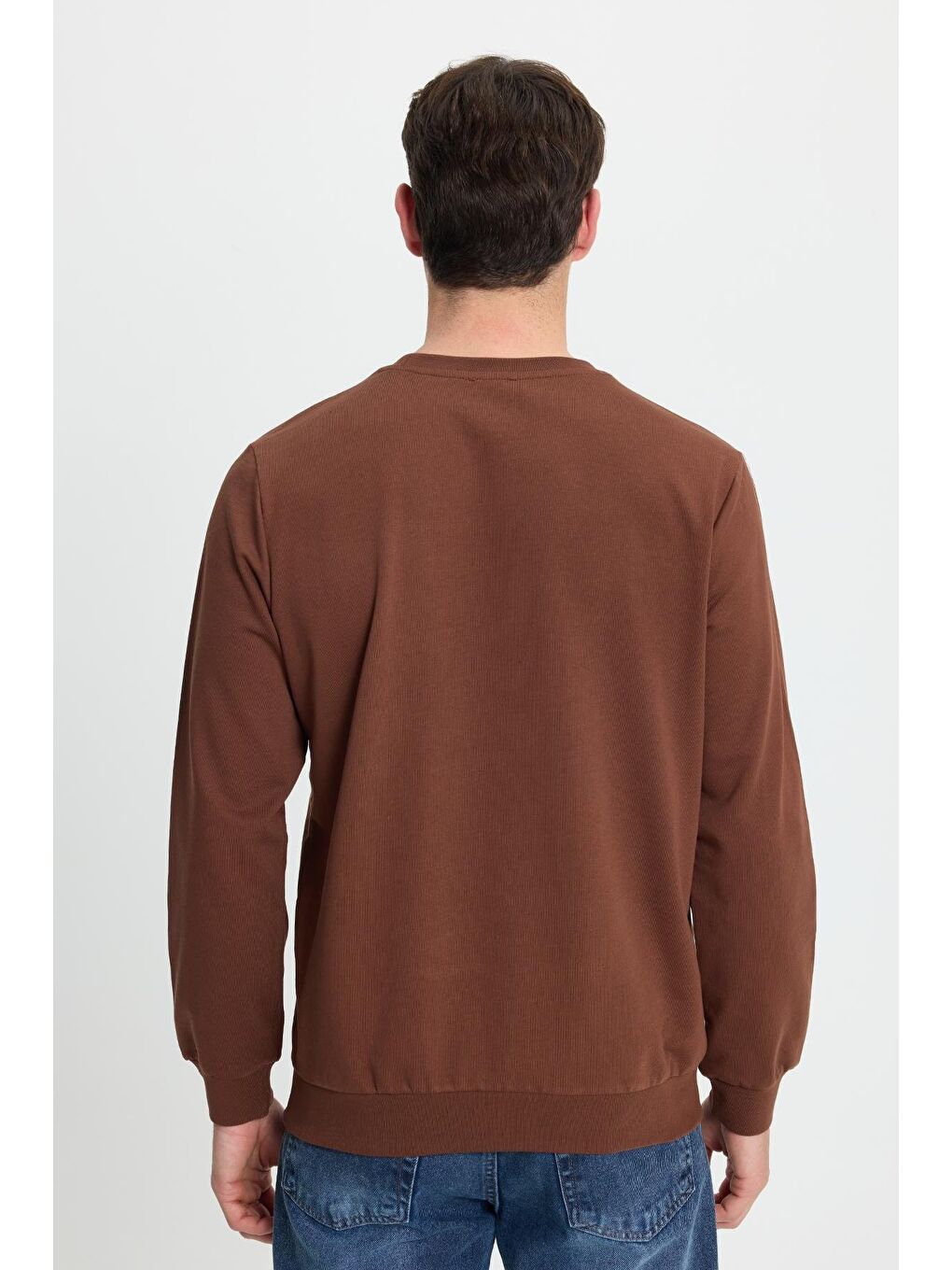 Erkek Relax Fit Rahat Kesim %100 Pamuk 2 İplik Bisiklet Yaka Kahverengi Sweatshirt-7