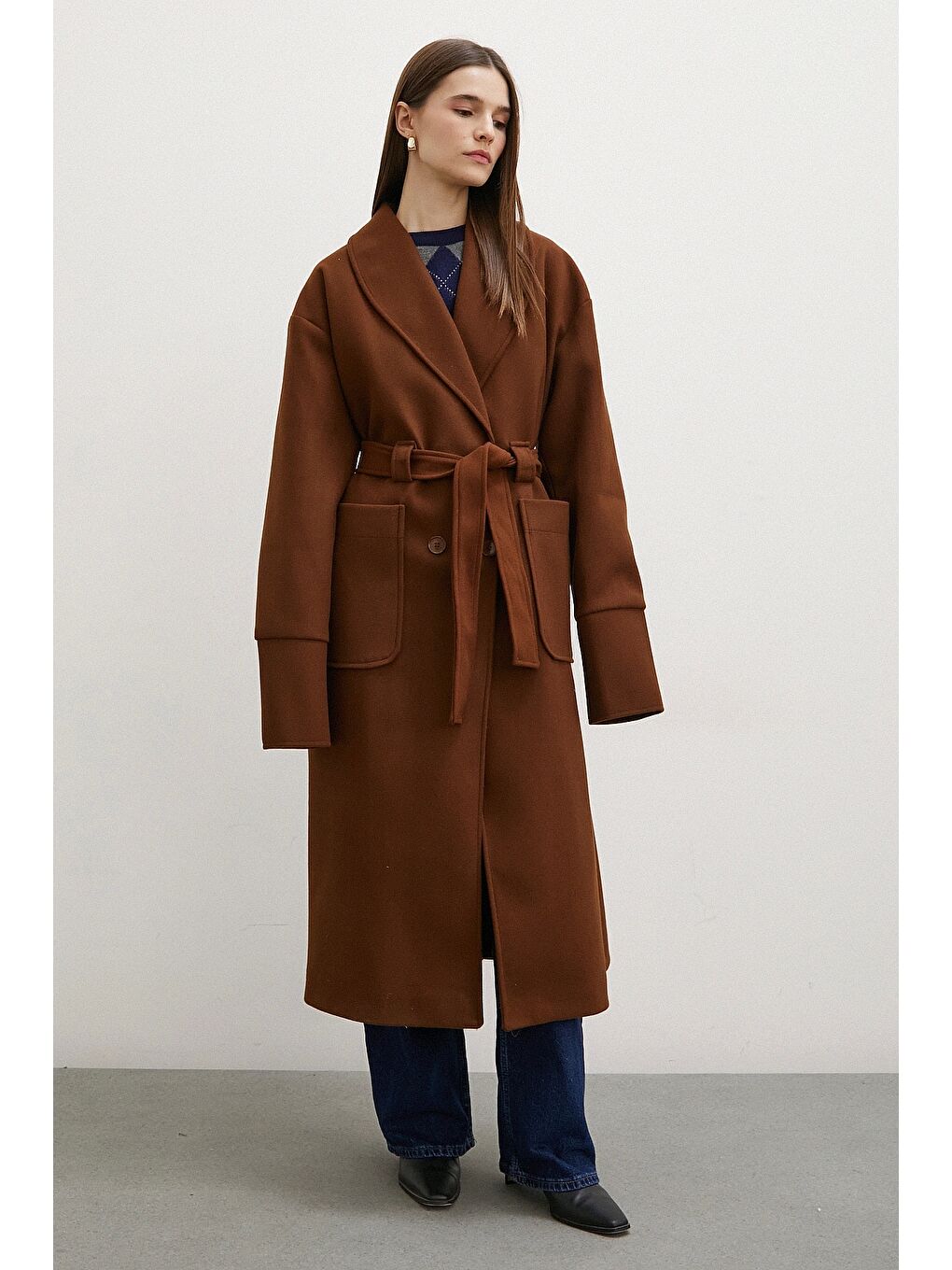 Karışık Kuşaklı Şal Yaka Kaban Kahve-1