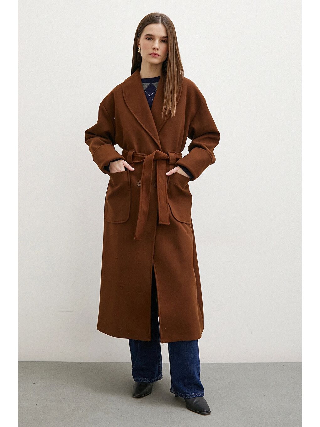 Karışık Kuşaklı Şal Yaka Kaban Kahve-2