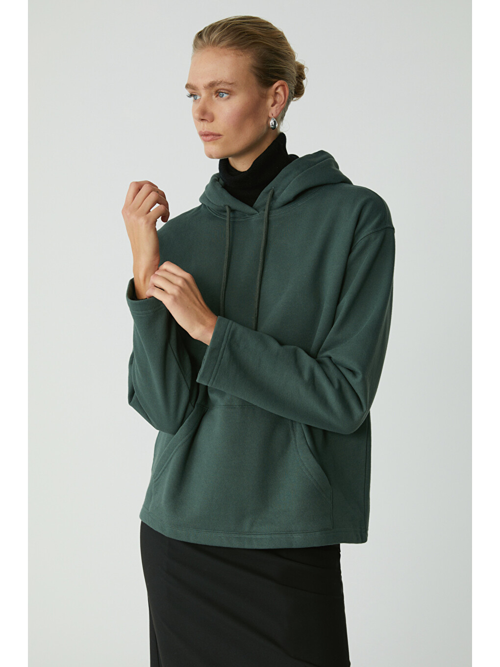 Pıper Kadın Içi Polarlı Yumuşacık Comfort Fit Kapüşonlu Kanguru Cepli Yeşil Sweatshirt-2