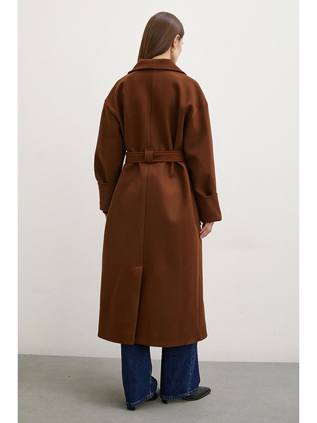 Karışık Kuşaklı Şal Yaka Kaban Kahve-5