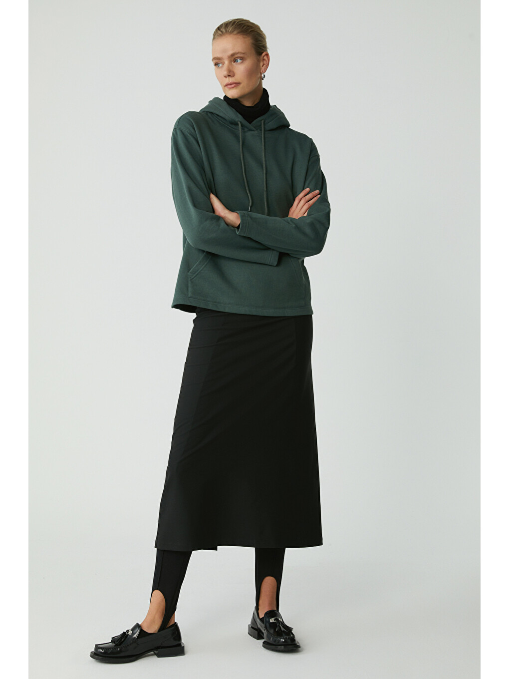 Pıper Kadın Içi Polarlı Yumuşacık Comfort Fit Kapüşonlu Kanguru Cepli Yeşil Sweatshirt-3