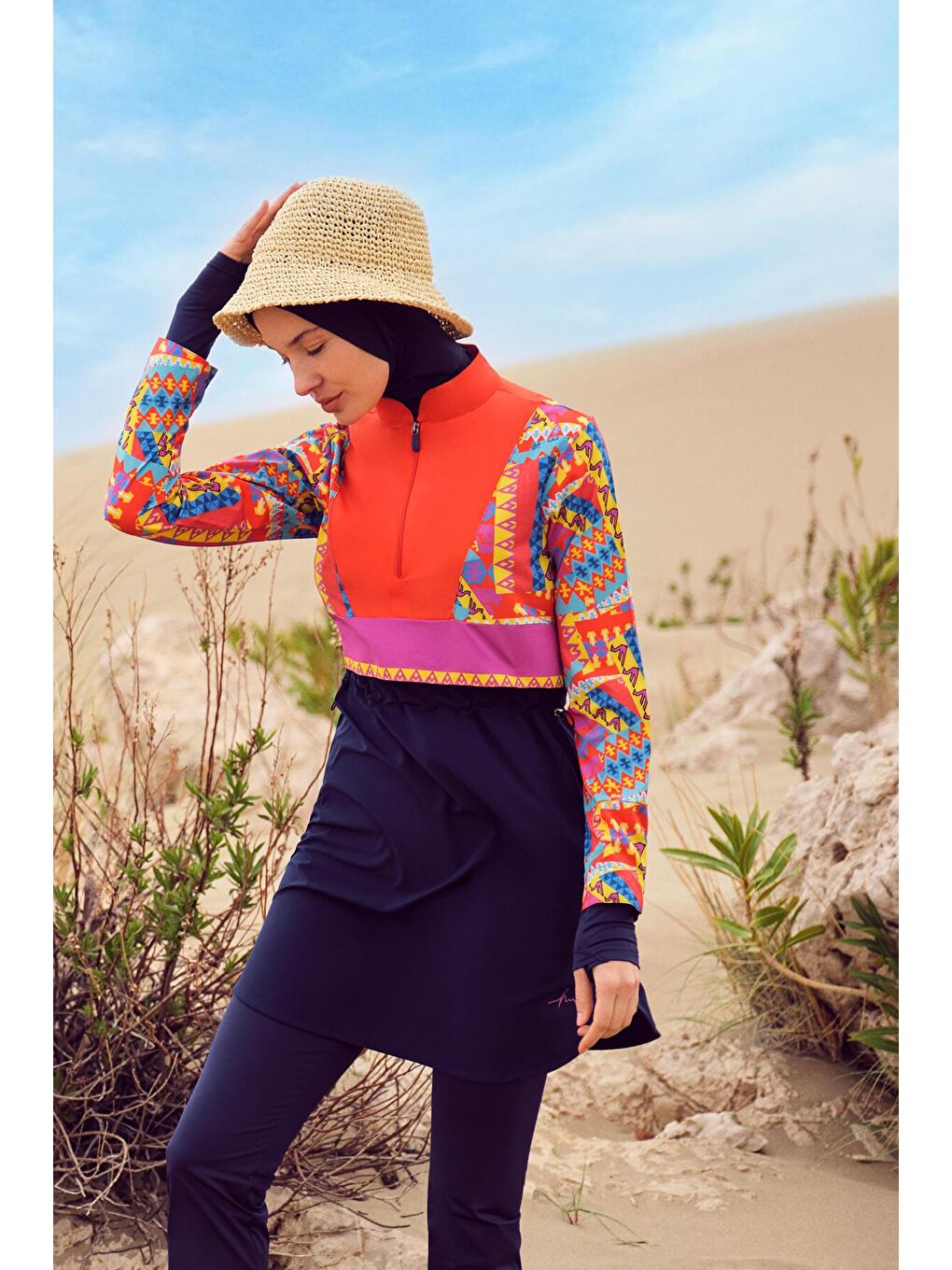 Anadolu Koleksiyonu Desenli Jileli Lacivert 5 Parça Tam Tesettür Mayo Takımı 3078