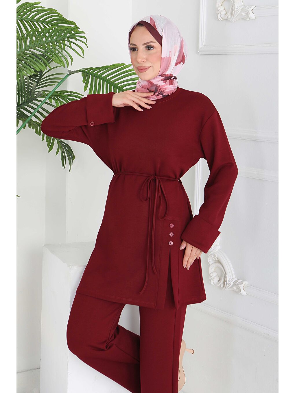 Düğme Detaylı Modal İkili Takım Bordo - 28013-BORDO-1