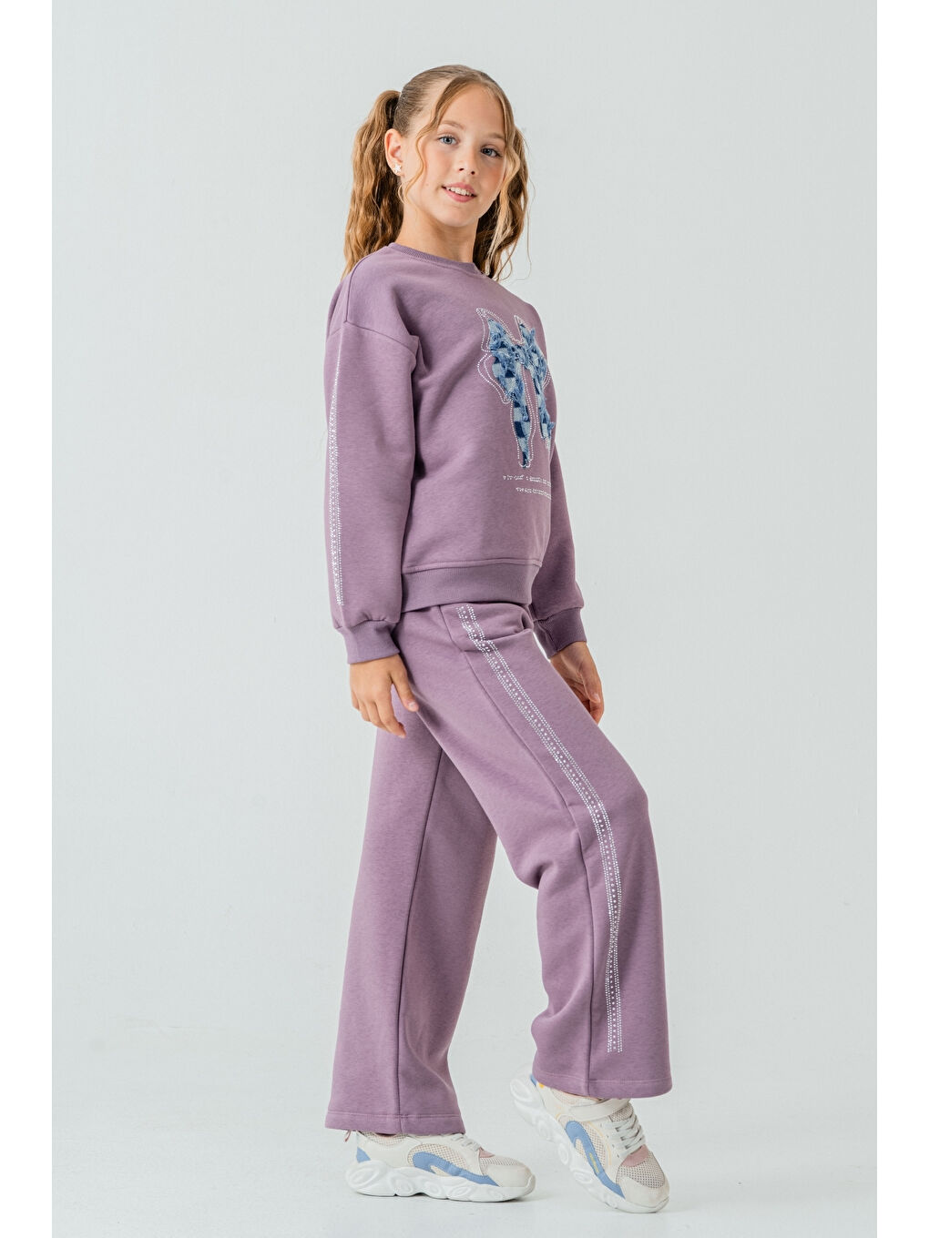 Mor Kız Çocuk Fiyonk Nakışlı Taşlı 3 İplik Kalın Kışlık Eşofman Takımı Ak4222-3