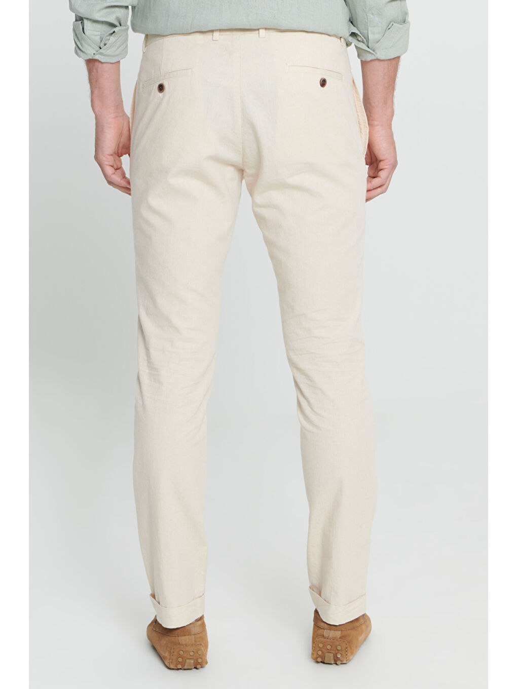 Erkek Ekru Slim Fit Dar Kesim %100 Pamuk Yan Cep Pileli Pantolon-4