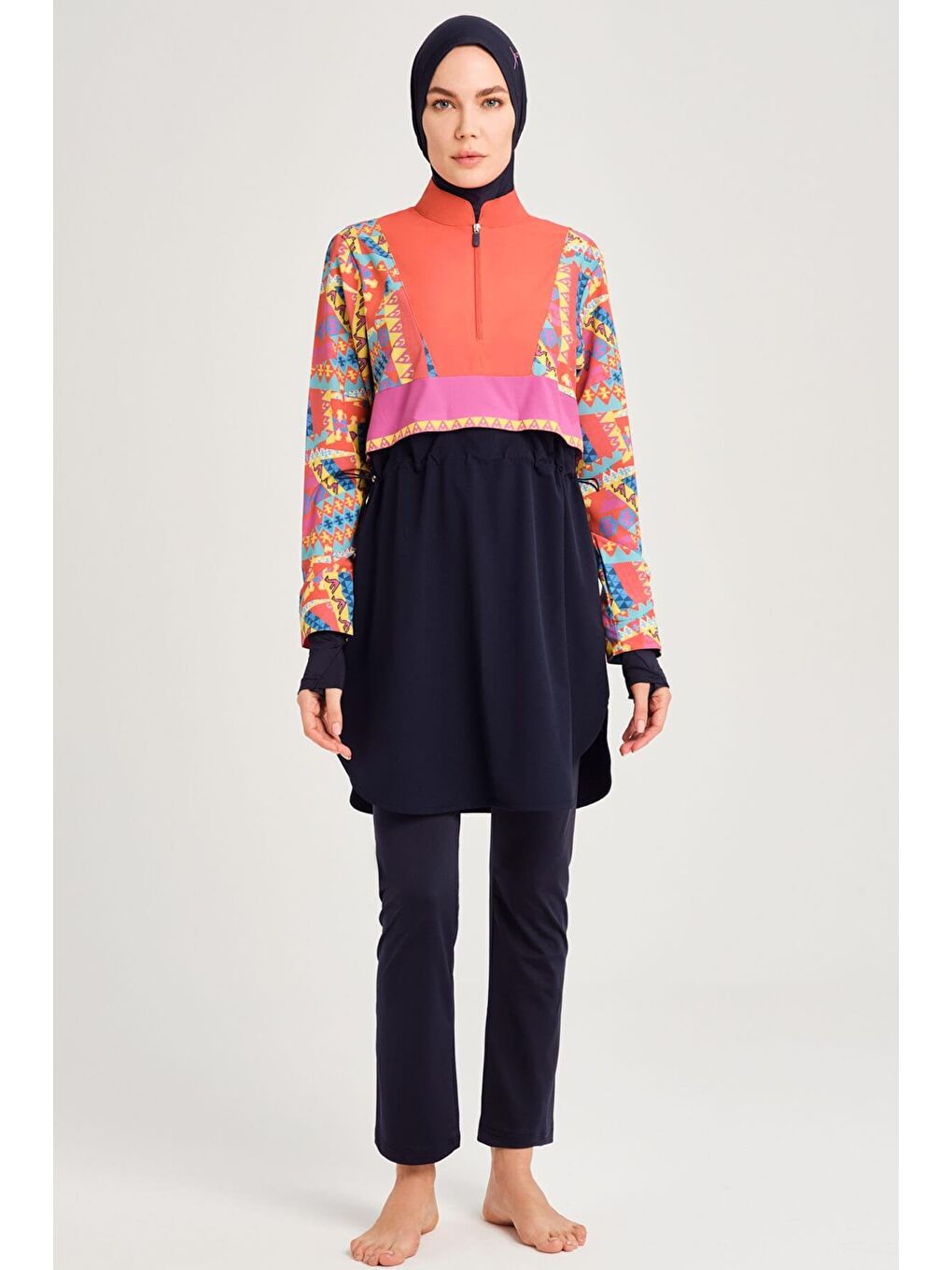 Anadolu Koleksiyonu Desenli Jileli Lacivert 5 Parça Tam Tesettür Mayo Takımı 3078-1