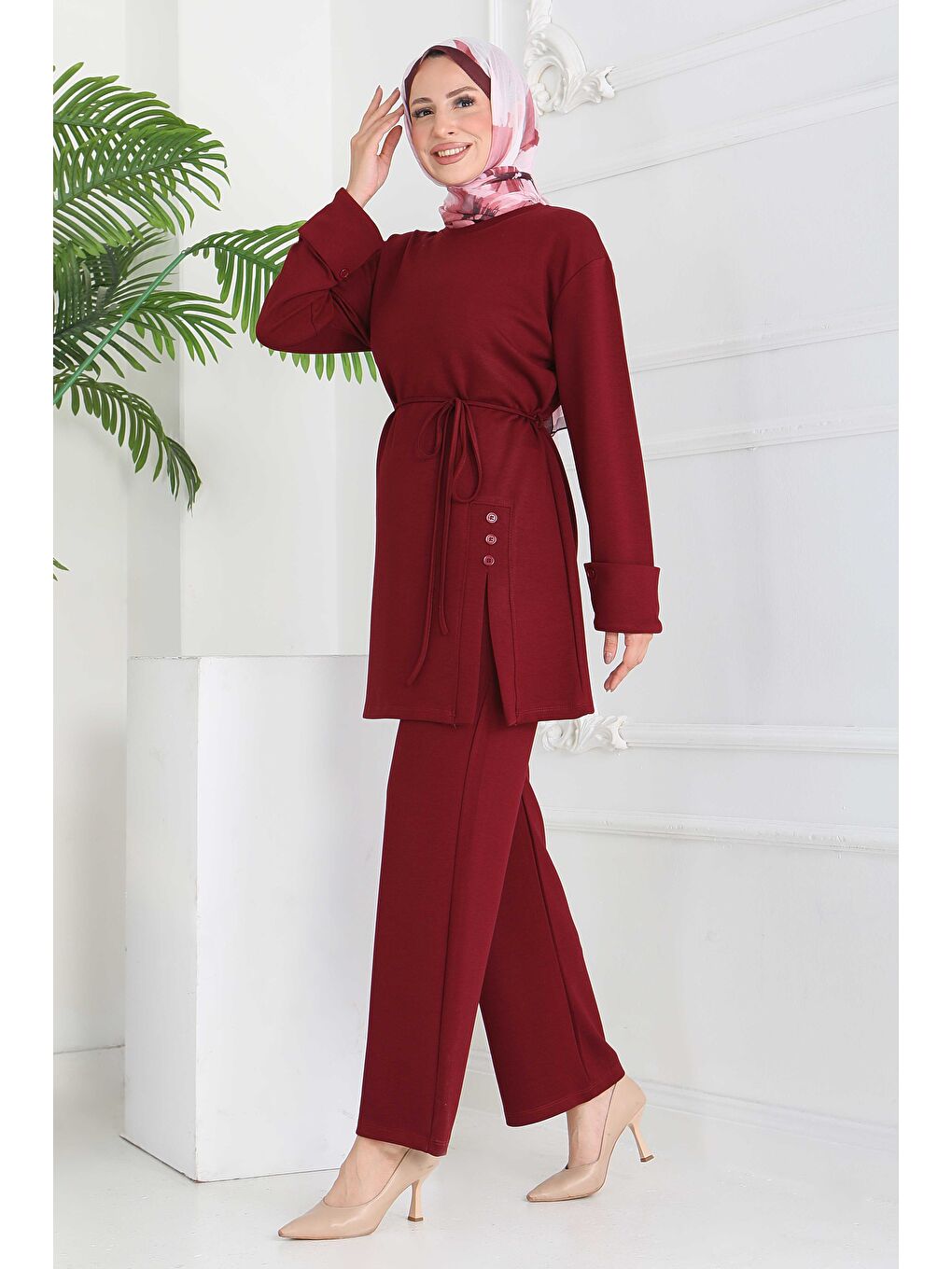 Düğme Detaylı Modal İkili Takım Bordo - 28013-BORDO-2