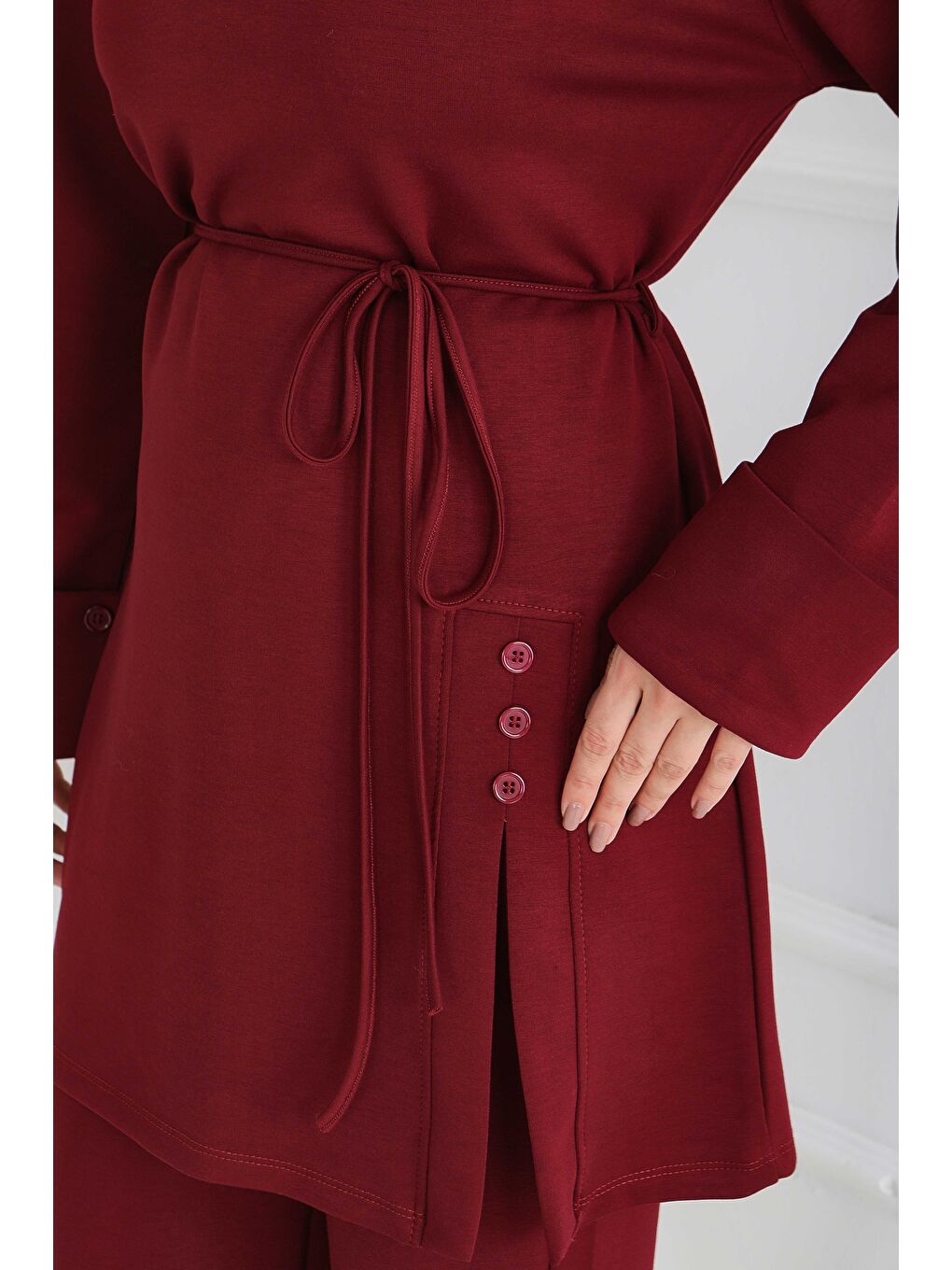 Düğme Detaylı Modal İkili Takım Bordo - 28013-BORDO-3