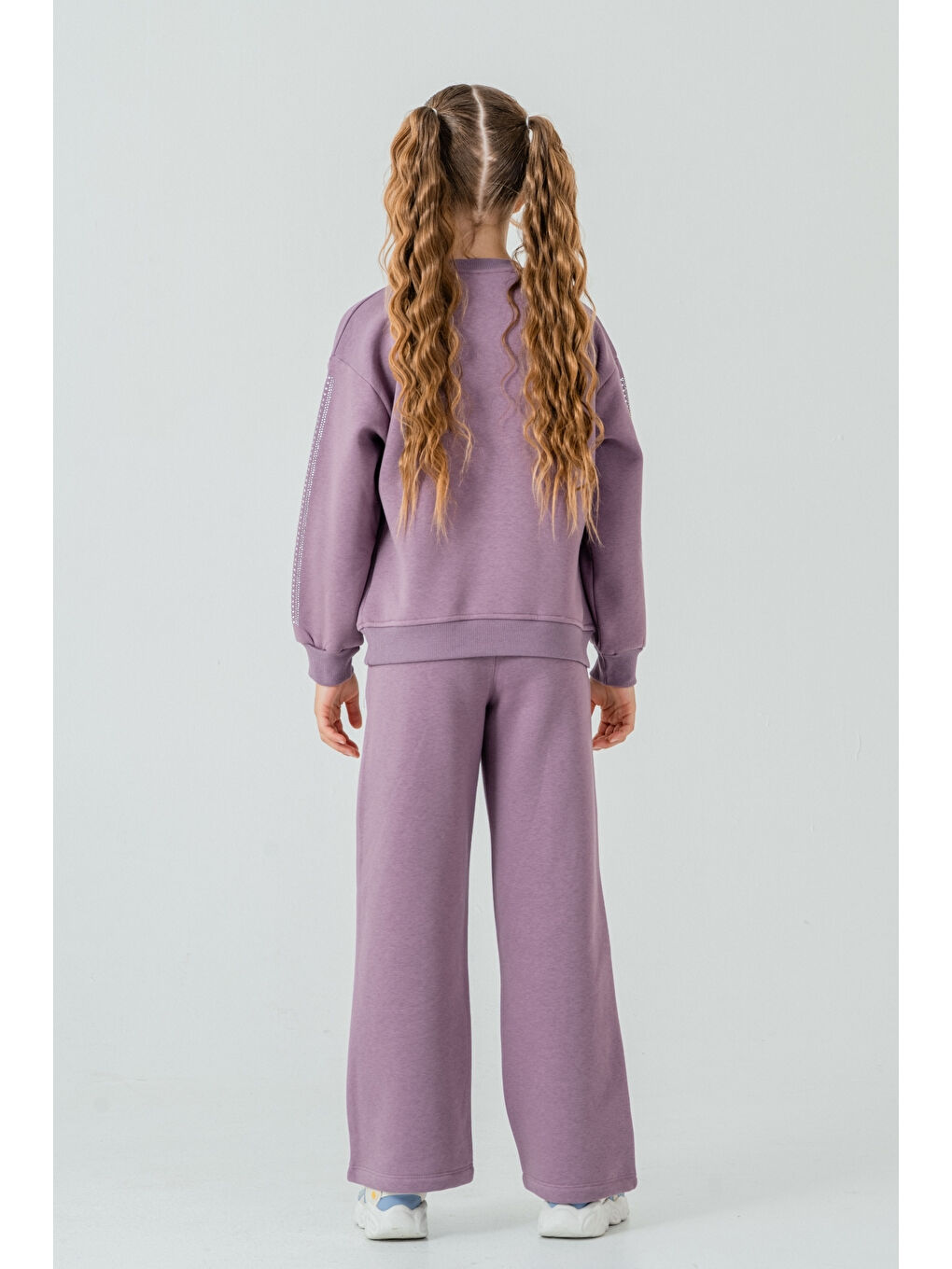 Mor Kız Çocuk Fiyonk Nakışlı Taşlı 3 İplik Kalın Kışlık Eşofman Takımı Ak4222-5