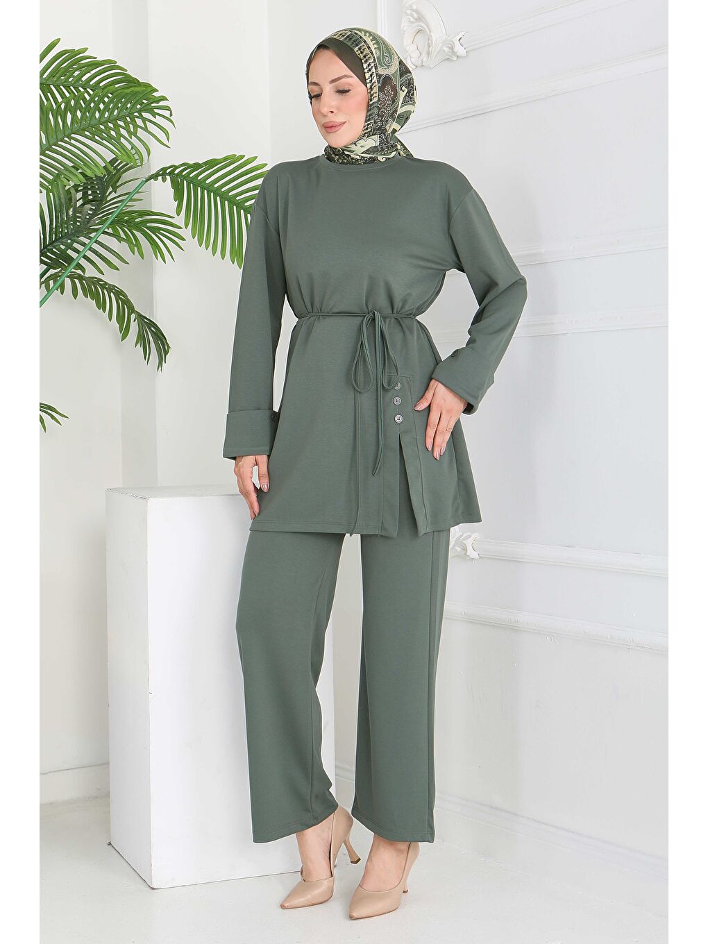 Düğme Detaylı Modal İkili Takım Haki - 28013-HAKI-1
