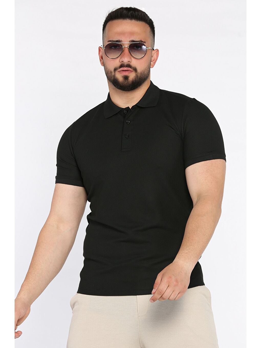 Siyah Erkek Polo Yaka Yarım Düğmeli Tişört