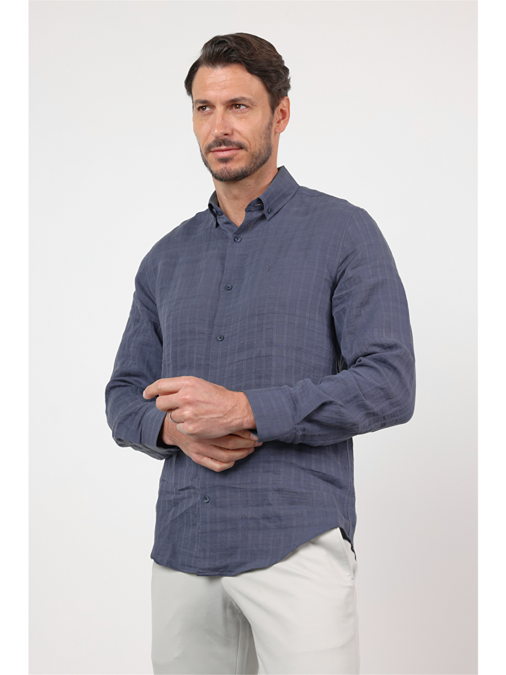 İndigo Düğmeli Yaka Uzun Kol Cepsiz Slim Fit Gömlek 1004260165-2