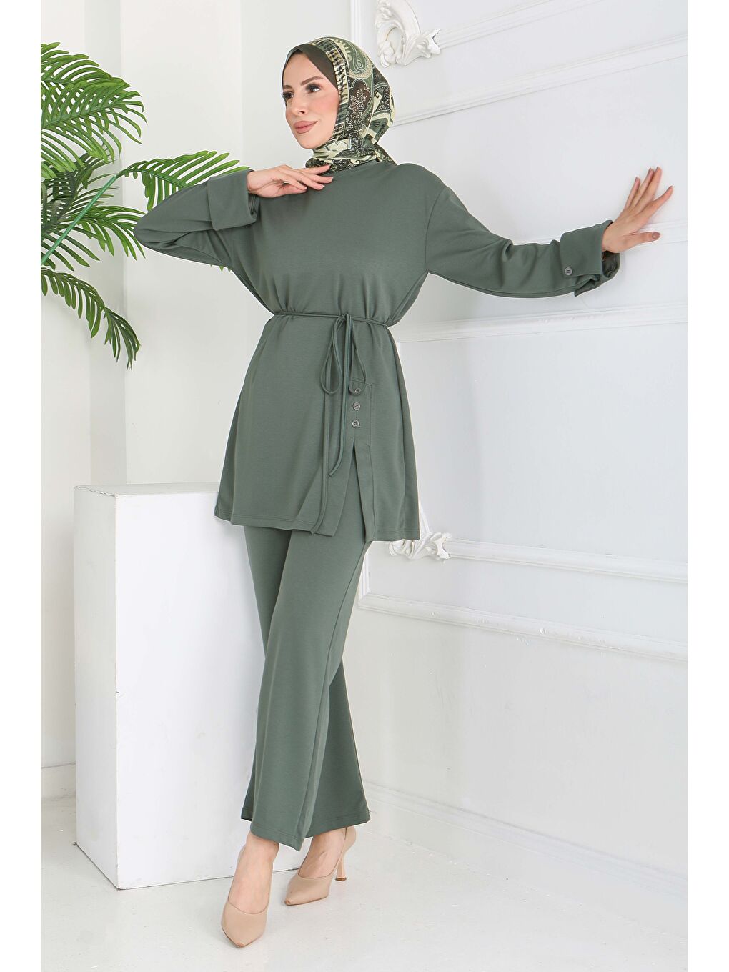 Düğme Detaylı Modal İkili Takım Haki - 28013-HAKI-2