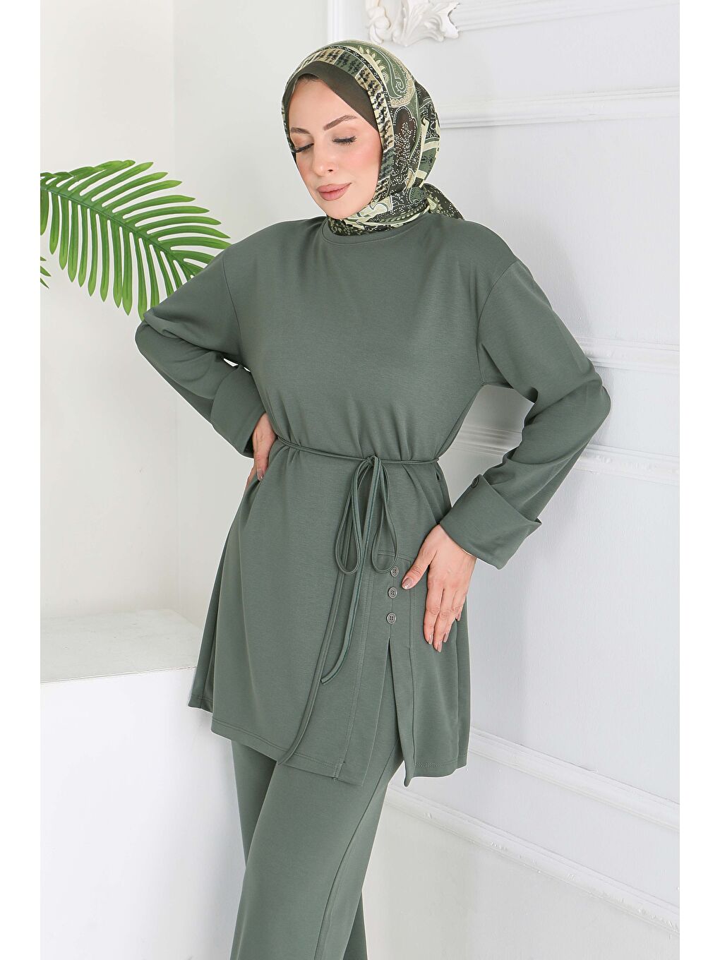 Düğme Detaylı Modal İkili Takım Haki - 28013-HAKI-3