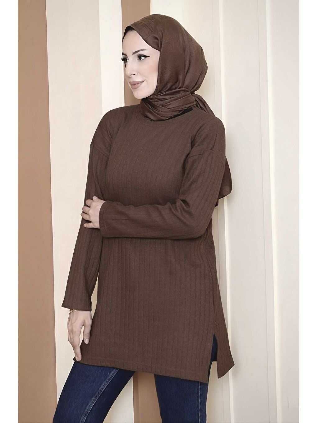 Kahverengi İnterlok Yırtmaçlı Tunik Kahve - 27803-KAHVE