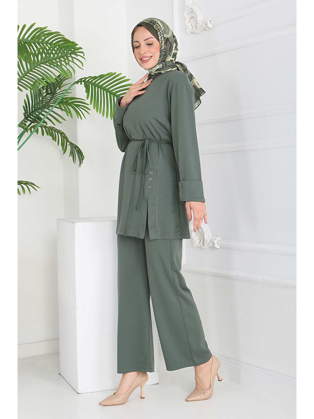 Düğme Detaylı Modal İkili Takım Haki - 28013-HAKI-4