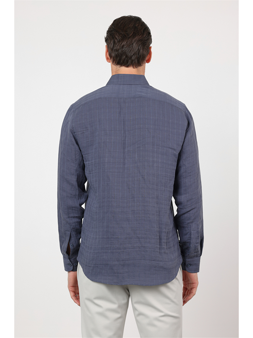 İndigo Düğmeli Yaka Uzun Kol Cepsiz Slim Fit Gömlek 1004260165-4