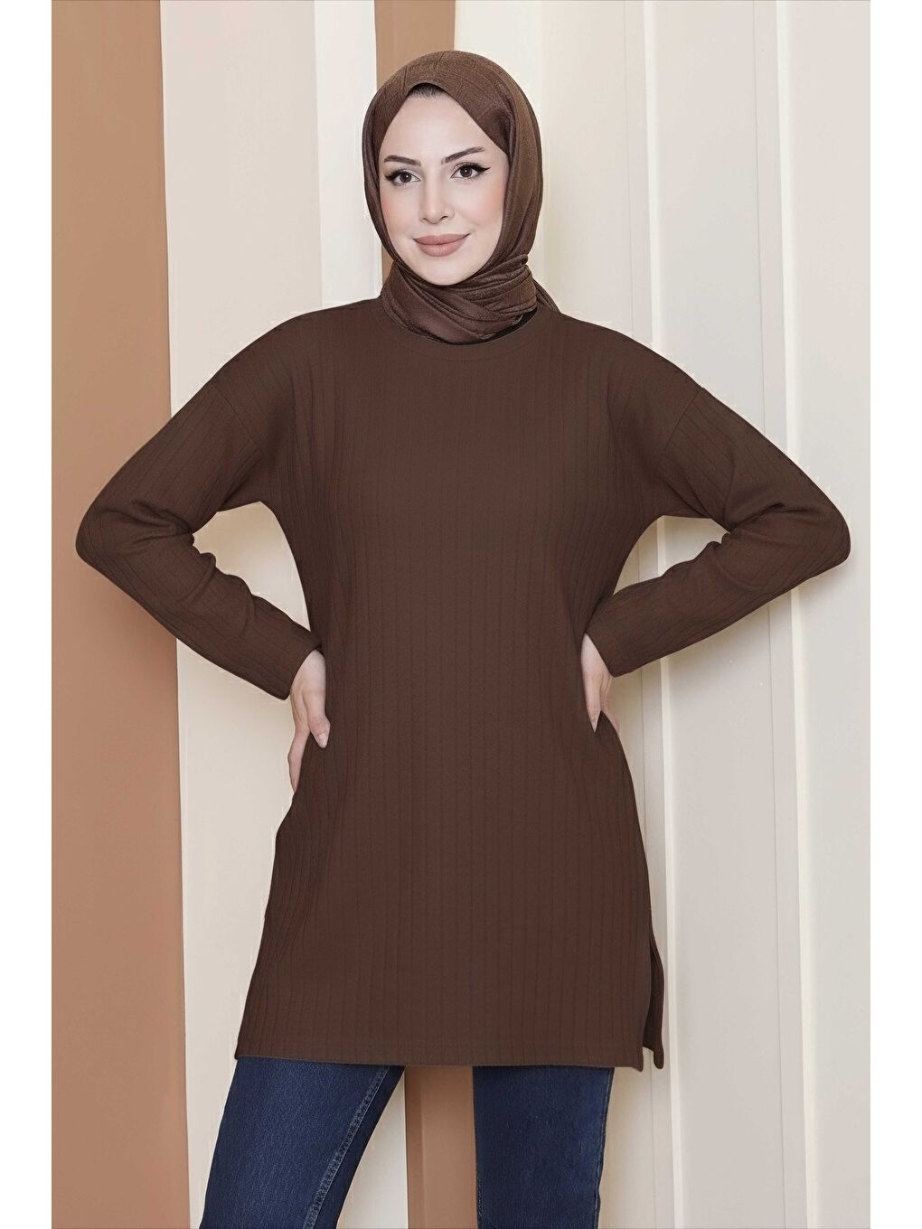 Kahverengi İnterlok Yırtmaçlı Tunik Kahve - 27803-KAHVE-1