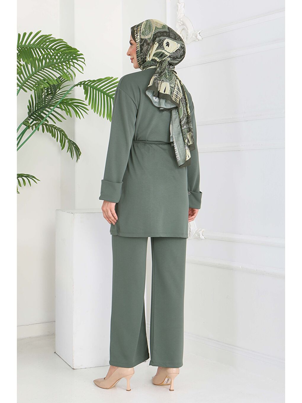 Düğme Detaylı Modal İkili Takım Haki - 28013-HAKI-5
