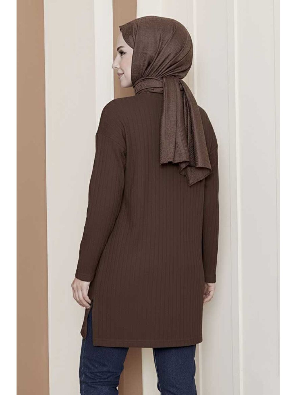 Kahverengi İnterlok Yırtmaçlı Tunik Kahve - 27803-KAHVE-2