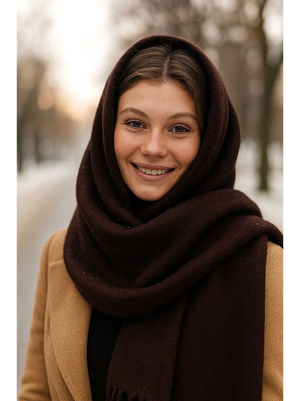 Kahverengi Acı Kahve Püsküllü Atkı – Şal Ve Geniş Yapı, Soğuk Hava Için Ideal Sal1296-3