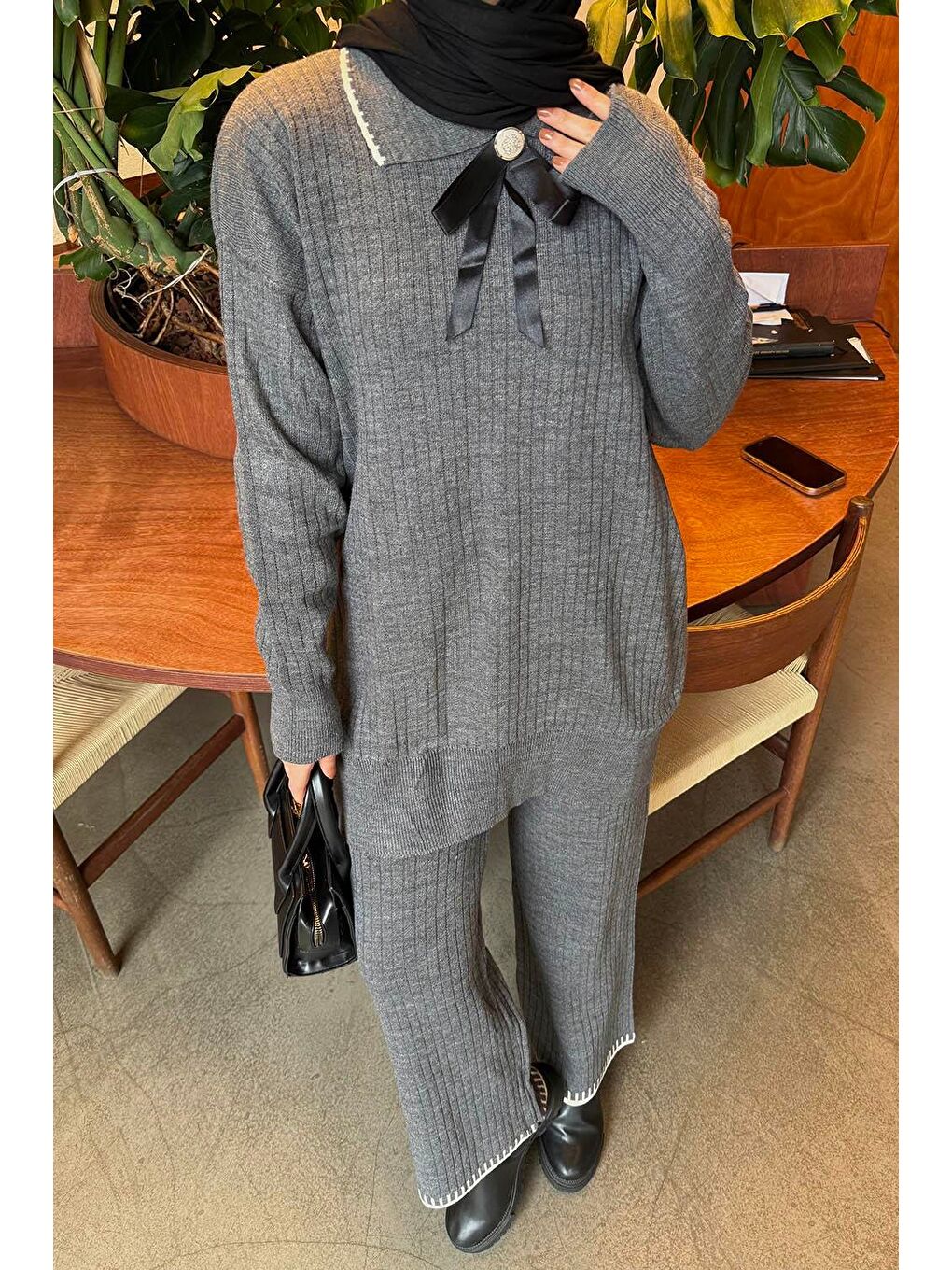 Kurdela Detaylı Triko Takım Gri-2