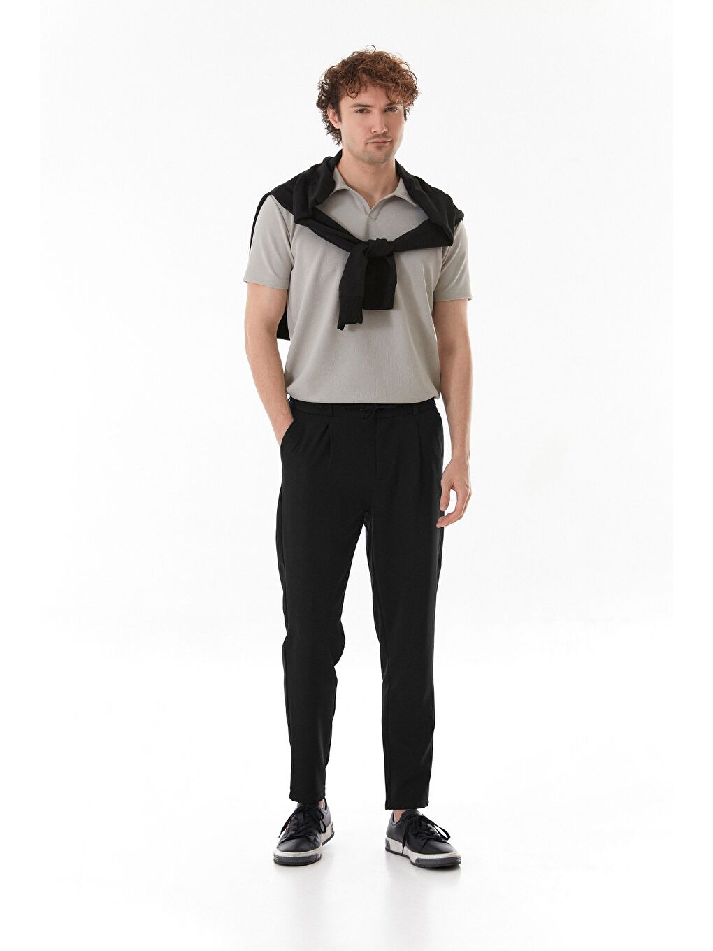 Siyah Beli Lastikli Bağlamalı Regular Fit Erkek Pantolon-2