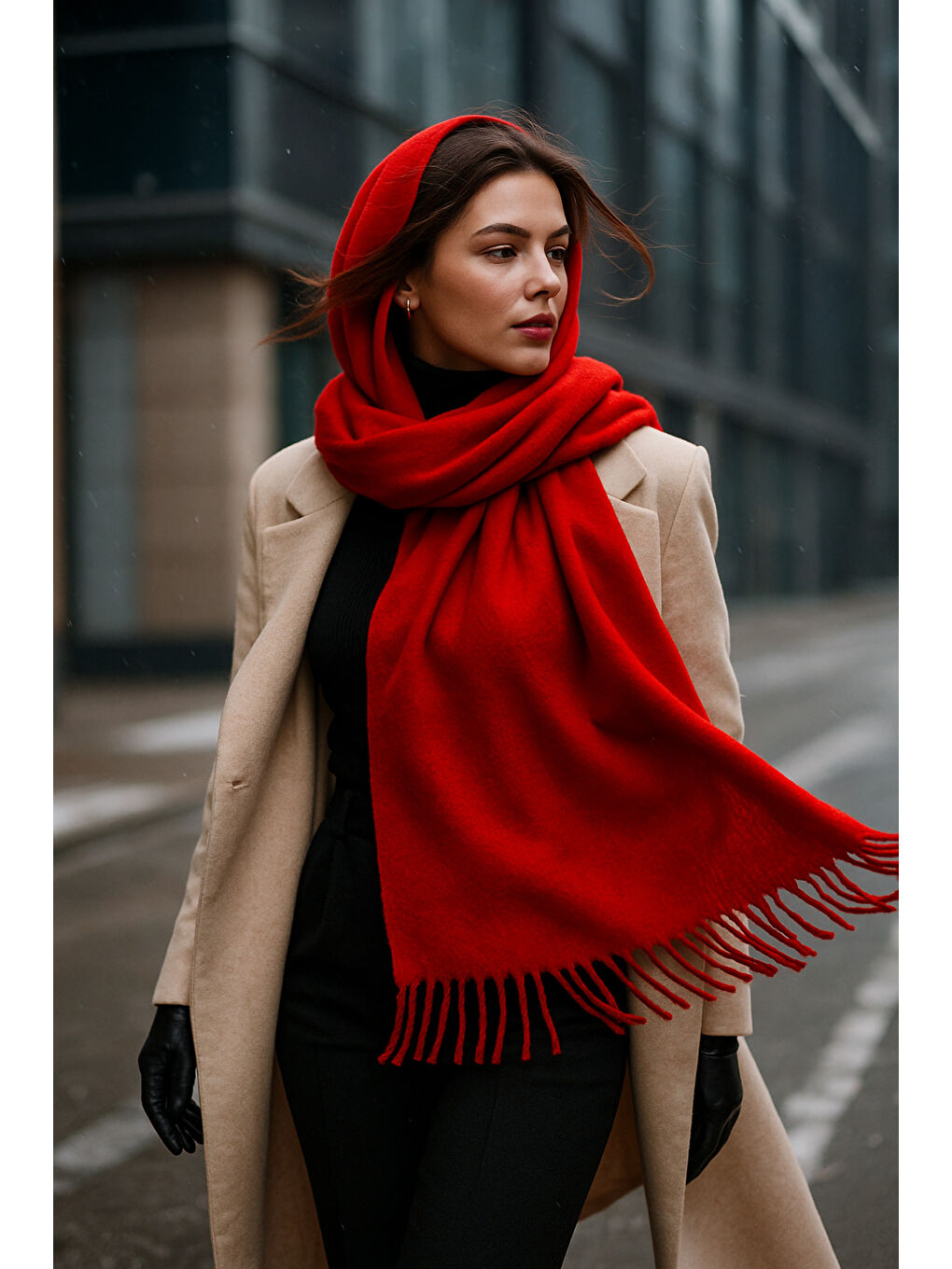 Kırmızı Püsküllü Atkı – Şal Ve Geniş Yapı, Soğuk Hava Için Ideal Sal1296-1