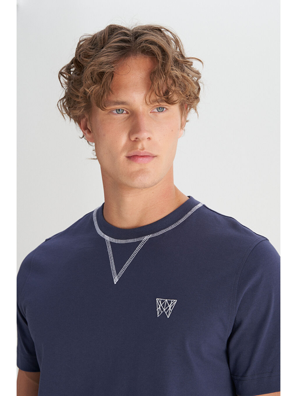 Lacivert %100 Pamuk Regular Fit Normal Kesim Bisiklet Yaka Logo Detaylı Tişört-3