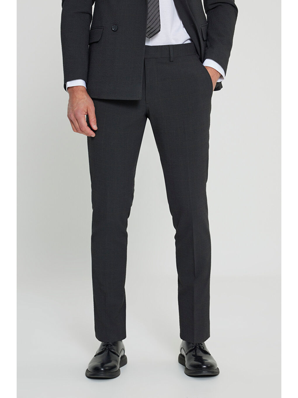 Erkek Antrasit-Kahverengi Ekstra Slim Fit Dar Kesim Kırlangıç Yaka Kapak Cepli Gofre Desenli Esnek-5