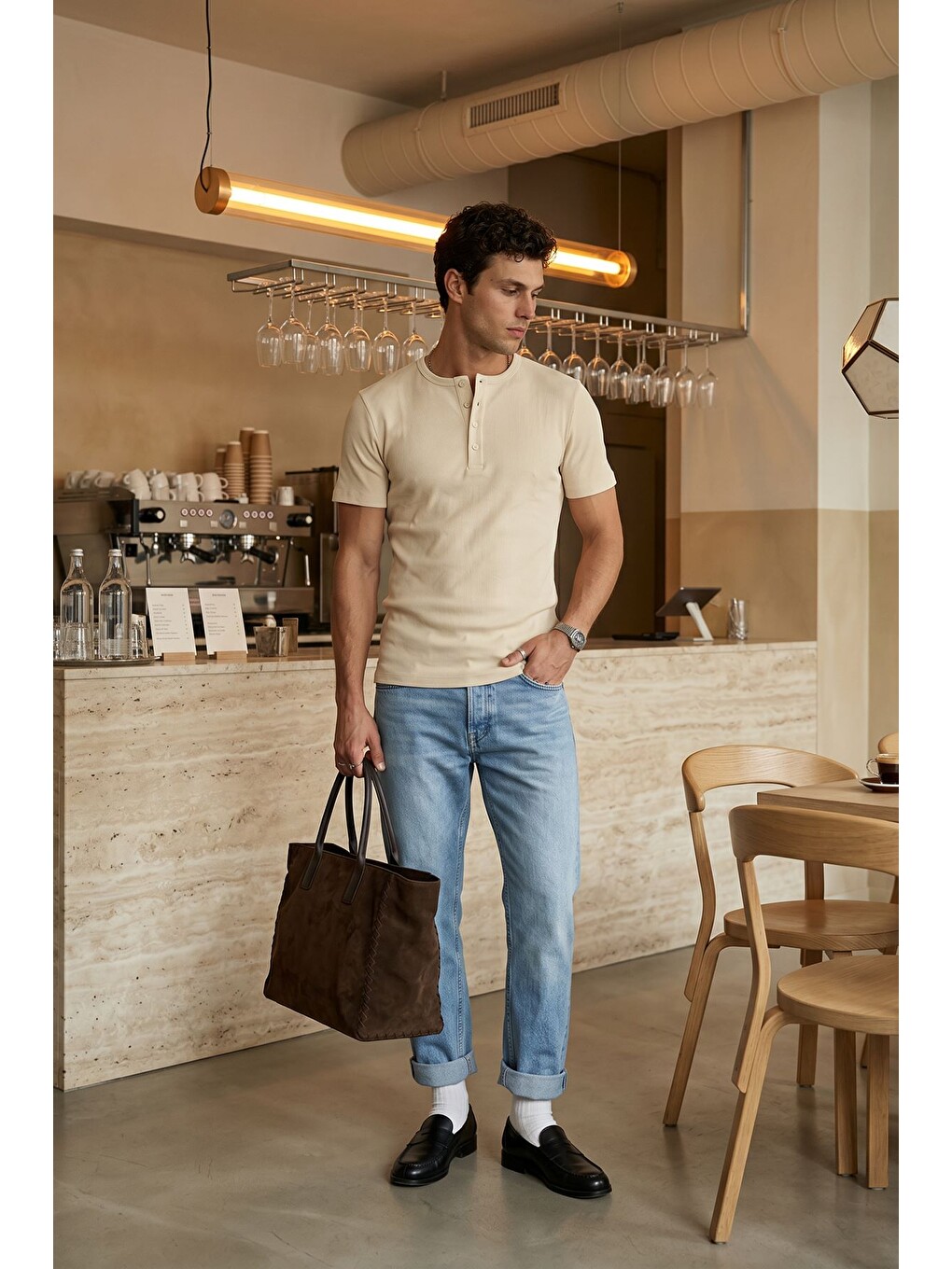 Ekru Liiri %100 Pamuk Premium Fitilli Yarım Düğmeli Erkek Tişört Regular Fit Basic Yazlık Tişört-2