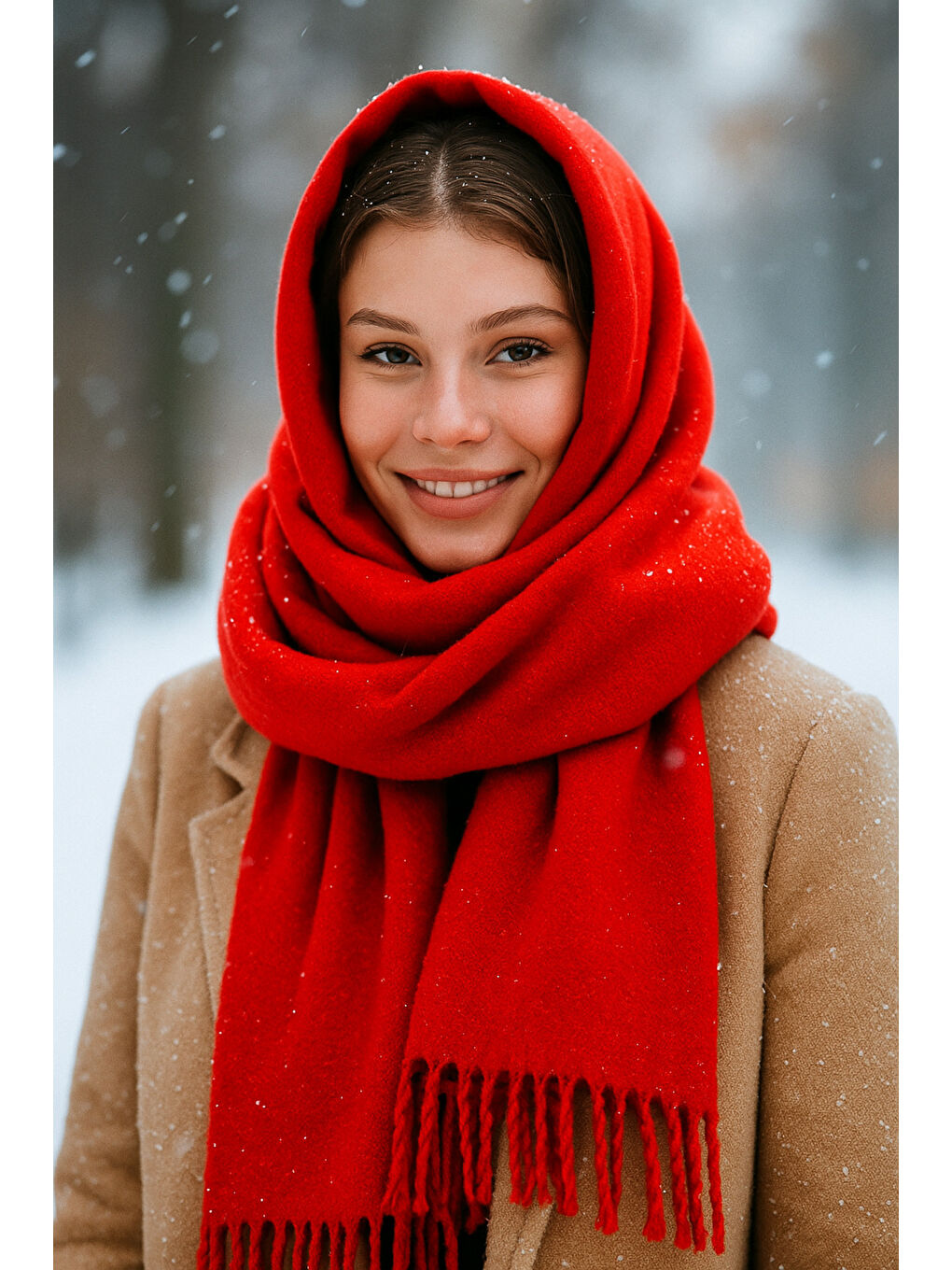 Kırmızı Püsküllü Atkı – Şal Ve Geniş Yapı, Soğuk Hava Için Ideal Sal1296-2