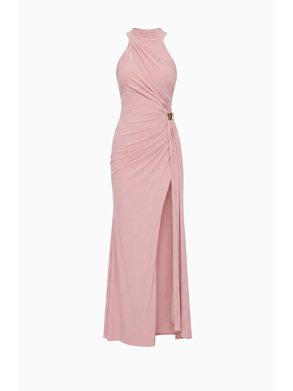 Pembe Kadın Pudra Halter Yaka Aksesuar Detay Uzun Abiye Elbise-5