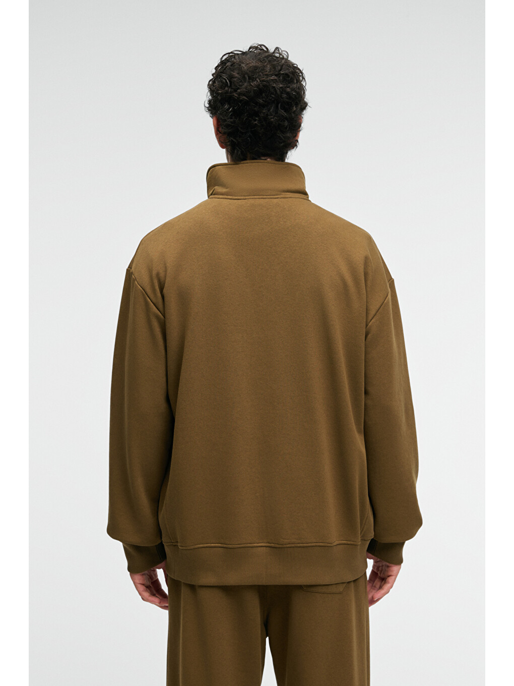 Bram Erkek %100 Pamuk Dik Yakalı Yarım Fermuarlı Baskılı Haki Sweatshirt-5