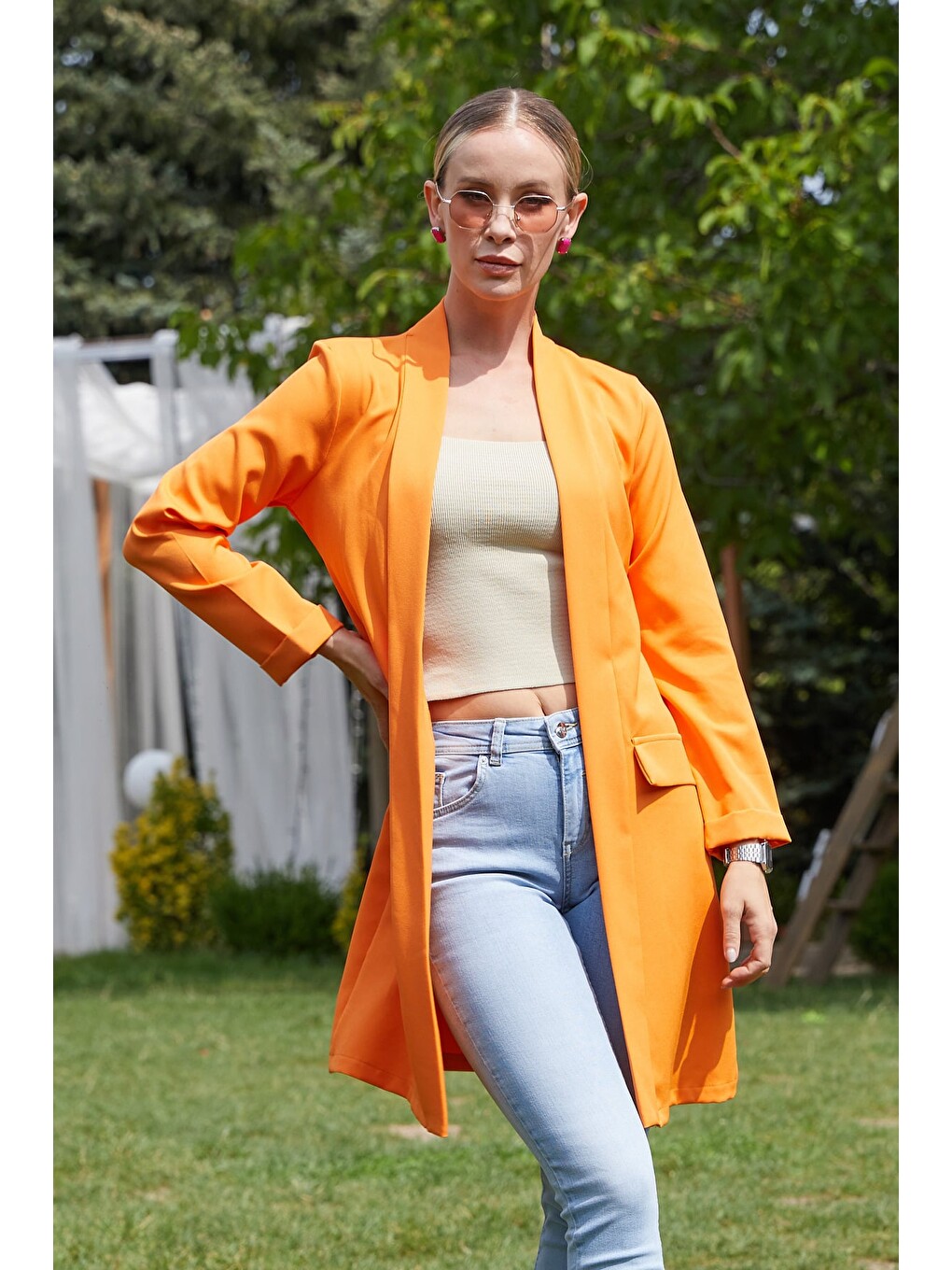 Turuncu Kolu Katlı Şal Yaka Blazer Ceket-1