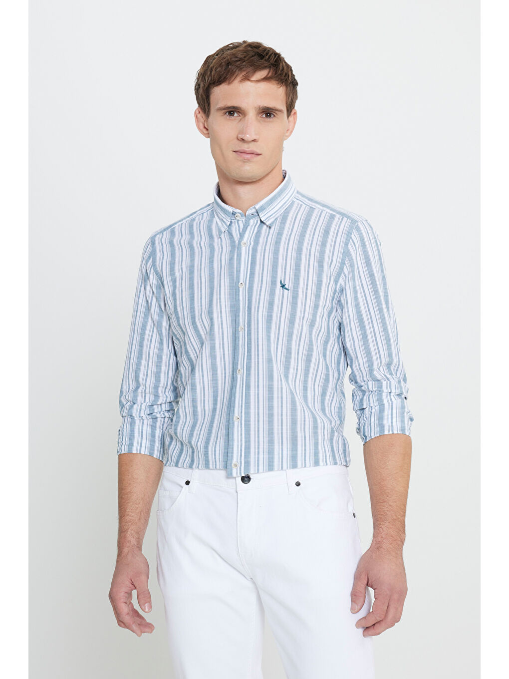 Lila Erkek Ekru-Yeşil Slim Fit Dar Kesim %100 Pamuk Gizli Düğme Yaka Çizgili Gömlek